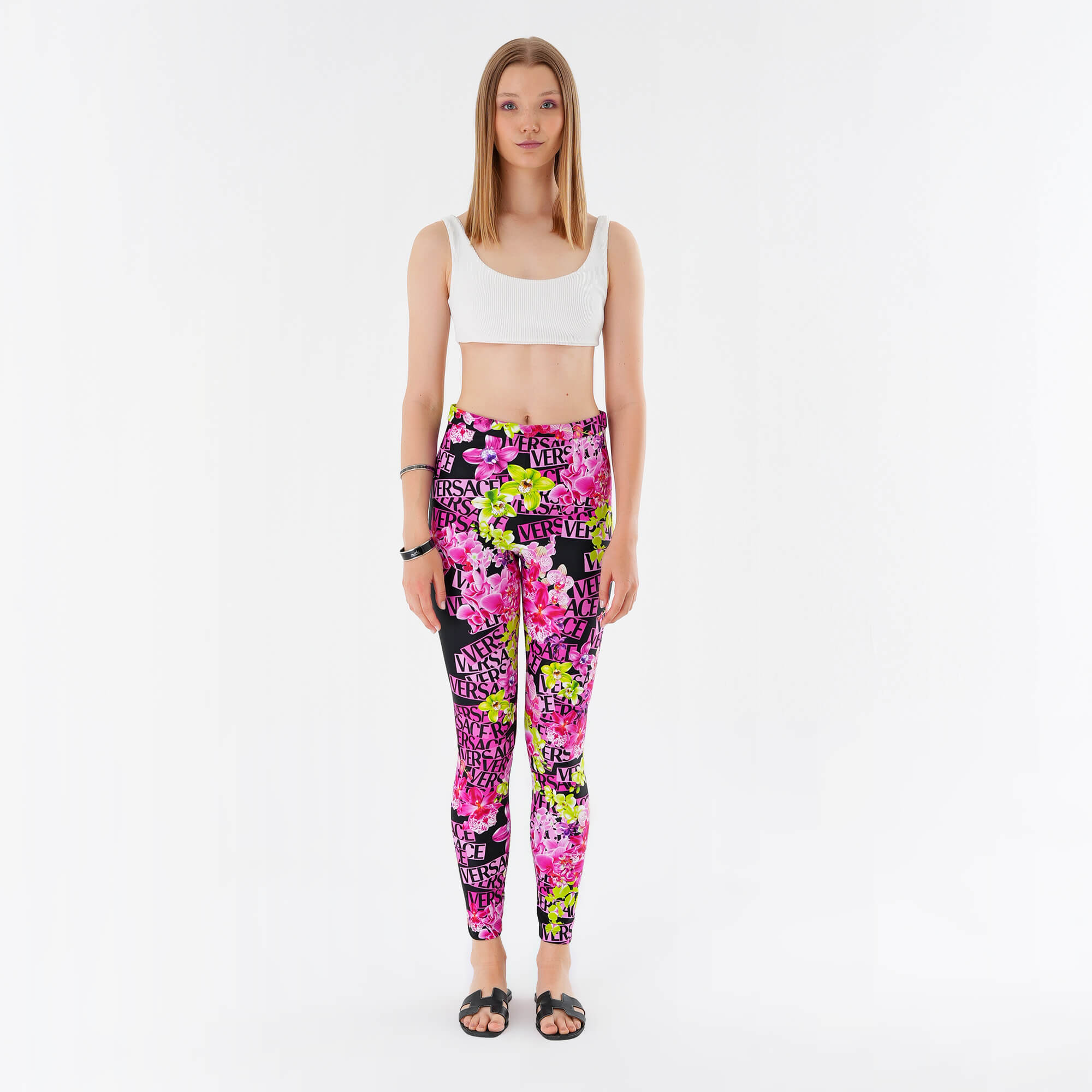 Versace- Multicolor Floral  Logo Printed Leggings IT42